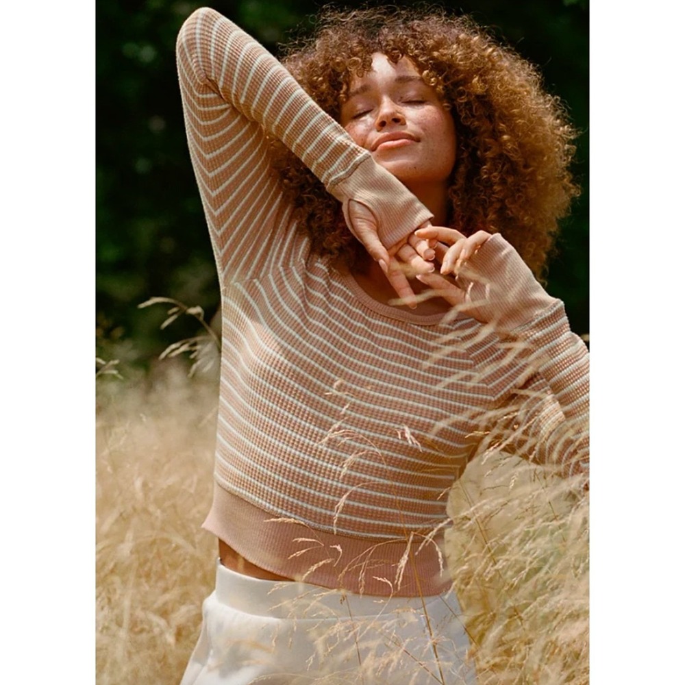 Offline by Aerie Striped Waffle Cropped Tee Long Sleeve Casual Minimalist Small
